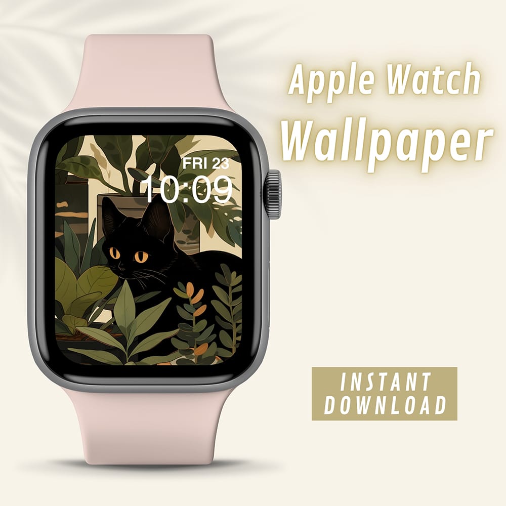 Black Cat and Plants Apple Watch Wallpaper