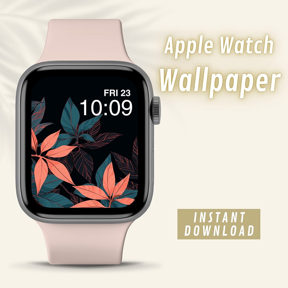 Dark Teal and Light Pink Leaves Apple Watch Wallpaper