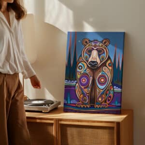 Native Canadian Bear Canvas, Colorful Aboriginal Extra Large Art for Unique Cultural Home Decor - photo #2