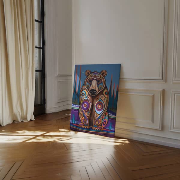 Native Canadian Bear Canvas, Colorful Aboriginal Extra Large Art for Unique Cultural Home Decor