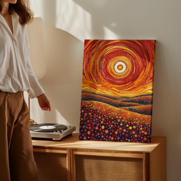 Vibrant Sunset Meadow Aboriginal Canvas, Indigenous Dot Painting, XL Gallery Wall Artwork, Wedding Gift, Free Shipping