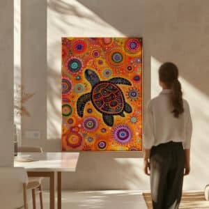 Turtle Canvas Art, Authentic Aboriginal Dot Painting, Extra Large Vibrant Animal Home Decor, Unique Gallery Wall Art