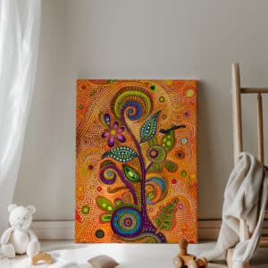 Aboriginal Art Abstract Landscape with Floral and Bird Artwork, Vibrant Outback Canvas for Gallery Wall, Free Shipping - photo #3