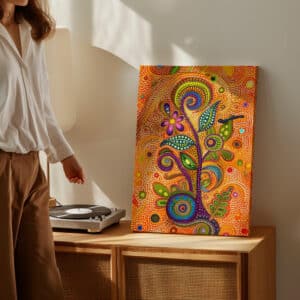 Aboriginal Art Abstract Landscape with Floral and Bird Elements, Vibrant Outback Canvas for Gallery Wall