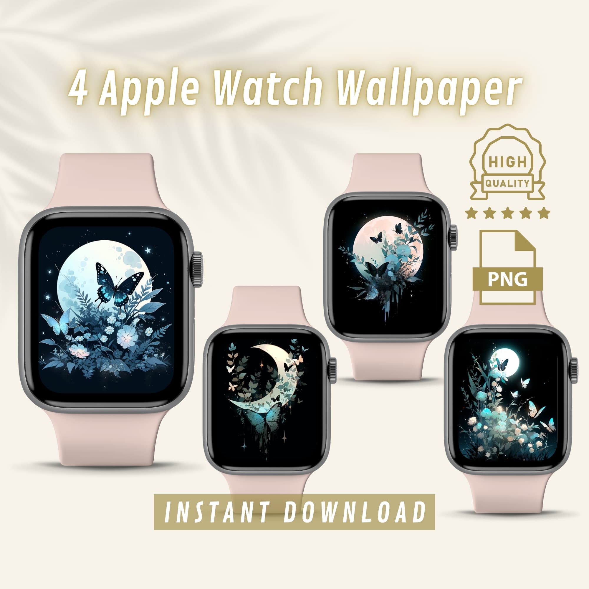 Watch Face Background Bundle: Aquamarine Moon & Butterflies, Aesthetic Apple Watch Wallpapers, Stylish iWatch Face Cover