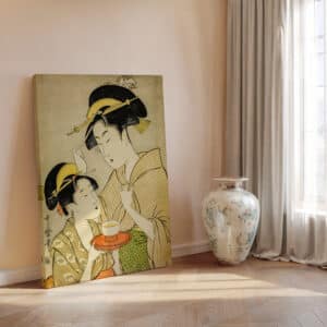 Kitagawa Utamaro Ukiyo-e Reproduction Canvas Print, Elegant Edo Period A Young Girl Offering Tea to Another Woman Japanese Wall Art Gift - photo #1