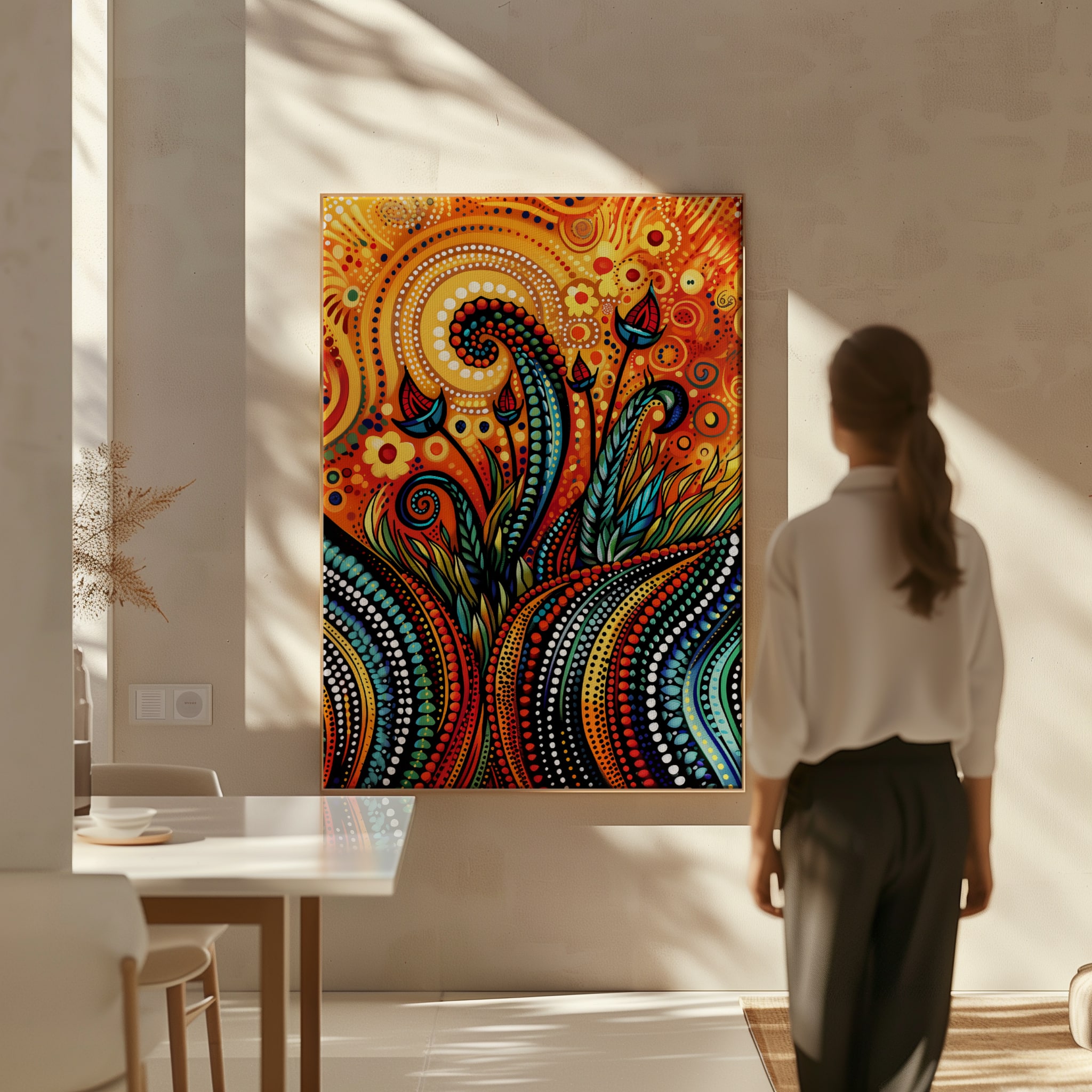 Authentic Aboriginal Dot Painting, Large Canvas Abstract Flower Meadow, Perfect for Bright and Colorful Home Decor, Free Shipping