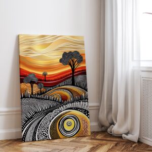 Authentic Aboriginal Artwork with Gold Accent, Abstract Meadow Canvas with Sunset Theme Art, Gallery Wall Gift Ideas