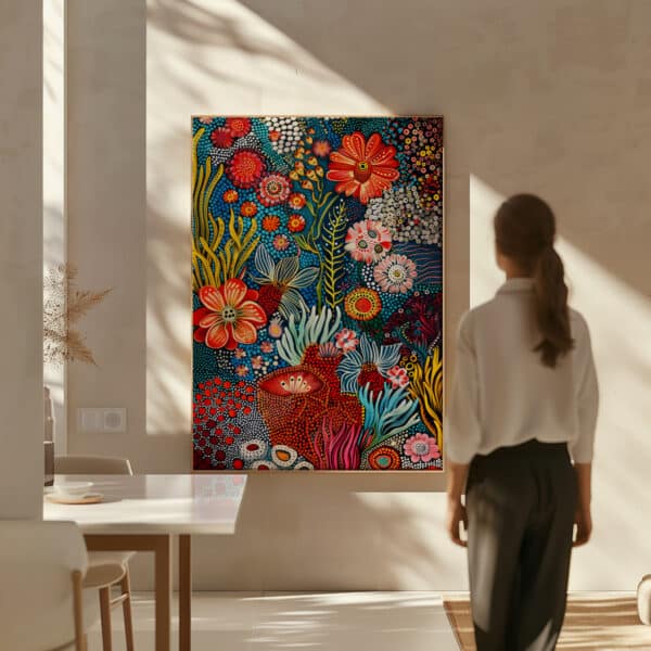 Blue Aboriginal Artwork Vibrant Ocean Theme Indigenous Dot Painting, Australian Contemporary Home Decor Canvas, Free Shipping