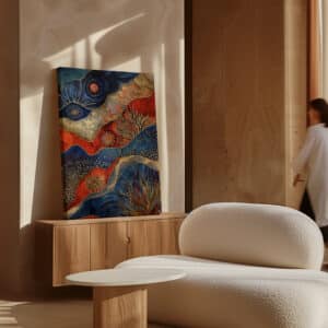 Dark Blue Aboriginal Dot Painting, Authentic Australian Ocean Art with Gold Details, Contemporary Extra Large Canvas