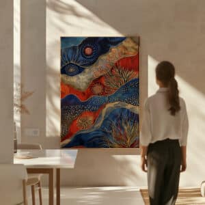 Dark Blue Aboriginal Dot Painting, Authentic Australian Ocean Art with Gold Details, Contemporary Extra Large Canvas, Free Shipping - photo #1