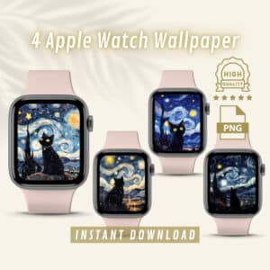 Black Cat in Starry Night iWatch Face, Aesthetic Night Sky Apple Watch Wallpaper, Cute Artistic Face Cover Gift