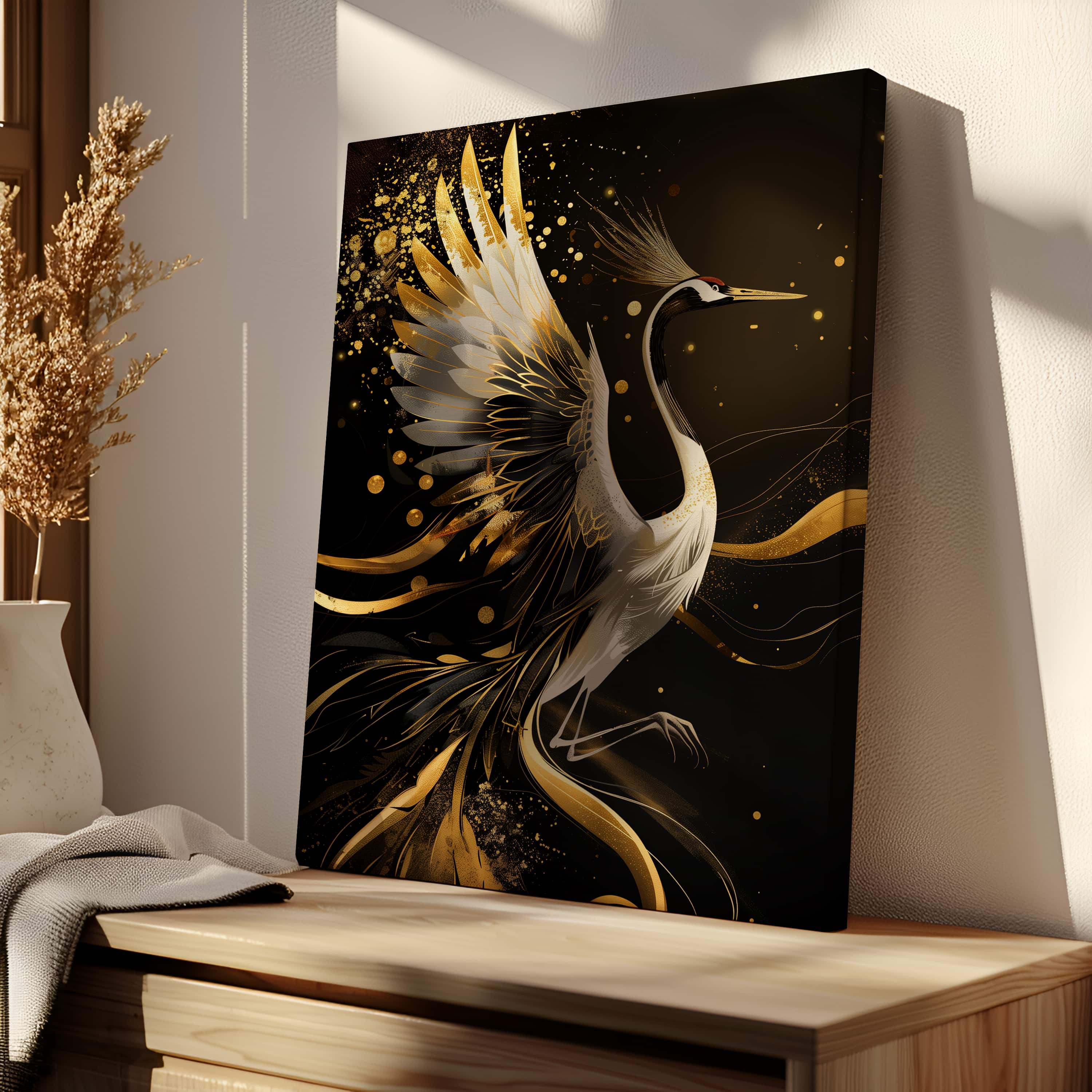 Black & Gold Red-Crowned Crane Print on Canvas, Gold Accent Japanese Art, Minimalist Japandi Wall Art, Asian Decor, Free Shipping