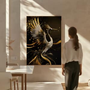 Black & Gold Red-Crowned Crane Print on Canvas, Gold Accent Japanese Art, Minimalist Japandi Wall Art, Asian Decor, Free Shipping - photo #1