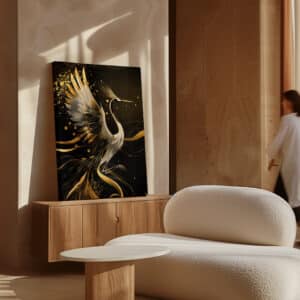 Black & Gold Red-Crowned Crane Print on Canvas, Gold Accent Japanese Art, Minimalist Japandi Wall Art, Asian Decor, Free Shipping - photo #4