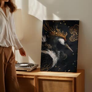 Red-Crowned Crane Canvas, Large Vintage Japandi Art, Japanese Bird Artwork, Eclectic Gold Accent Wall Decor Gift