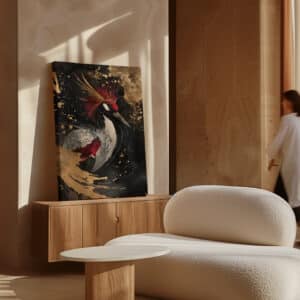 Black & Gold Japanese Red-Crowned Crane Canvas, Gold Accent Asian Crane Artwork, Perfect Vintage and Oriental Decor Gift