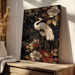Black & Gold Japanese Red Crowned Crane with Flowers Print on Canvas, Eclectic Gold Accent Decor, Japandi Wall Art