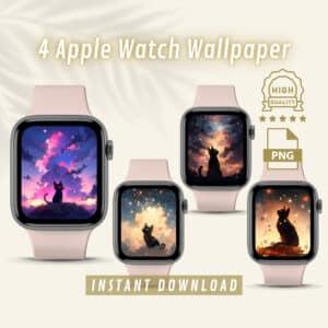 Cat in Pastel Twilight Aesthetic iWatch Face, Neon Night Sky Watch Face Cover, Purple & Pink Wallpapers for Pet Lovers
