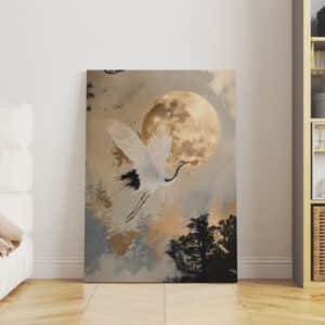 Beige & Gold Japanese Red Crowned Crane and Moon Canvas, Extra Large Japandi Wall Art, Zen and Elegant Living Room Accent, Free Shipping - photo #8