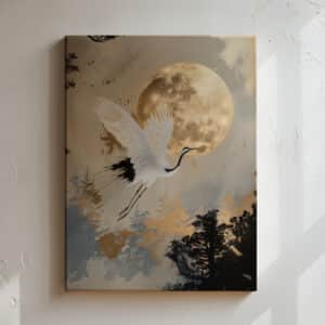 Beige & Gold Japanese Red Crowned Crane and Moon Canvas, Extra Large Japandi Wall Art, Zen and Elegant Living Room Accent, Free Shipping - photo #9