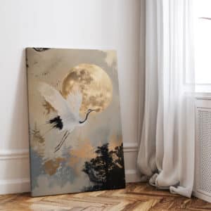 Beige & Gold Japanese Red Crowned Crane and Moon Canvas, Extra Large Japandi Wall Art, Zen and Elegant Living Room Accent, Free Shipping - photo #1