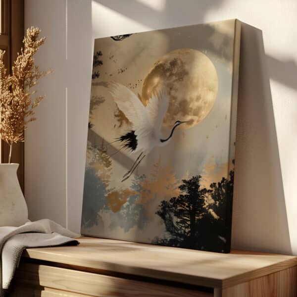 Beige & Gold Japanese Red Crowned Crane and Moon Canvas, Extra Large Japandi Wall Art, Zen and Elegant Living Room Accent, Free Shipping