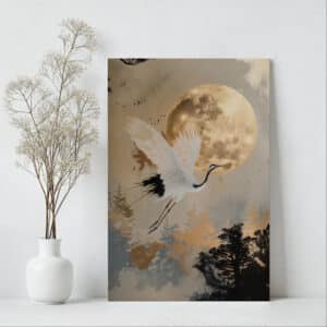 Beige & Gold Japanese Red Crowned Crane and Moon Canvas, Extra Large Japandi Wall Art, Zen and Elegant Living Room Accent, Free Shipping - photo #3