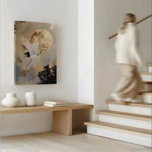 Beige & Gold Japanese Red Crowned Crane and Moon Canvas, Extra Large Japandi Wall Art, Zen and Elegant Living Room Accent, Free Shipping - photo #6