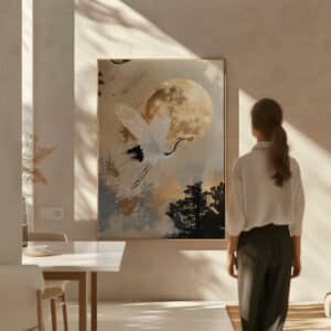 Beige & Gold Japanese Red Crowned Crane and Moon Canvas, Extra Large Japandi Wall Art, Zen and Elegant Living Room Accent, Free Shipping - photo #2