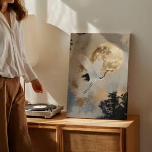 Beige & Gold Japanese Red Crowned Crane and Moon Canvas, Extra Large Japandi Wall Art, Zen and Elegant Living Room Accent, Free Shipping - photo #7