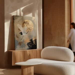 Beige & Gold Japanese Red Crowned Crane and Moon Canvas, Extra Large Japandi Wall Art, Zen and Elegant Living Room Accent, Free Shipping - photo #4