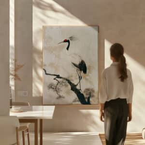 Extra Large Japanese Red Crown Crane Artwork on Canvas, Minimalist Wabi Sabi Wall Art, Japandi Wall Art for Living Room