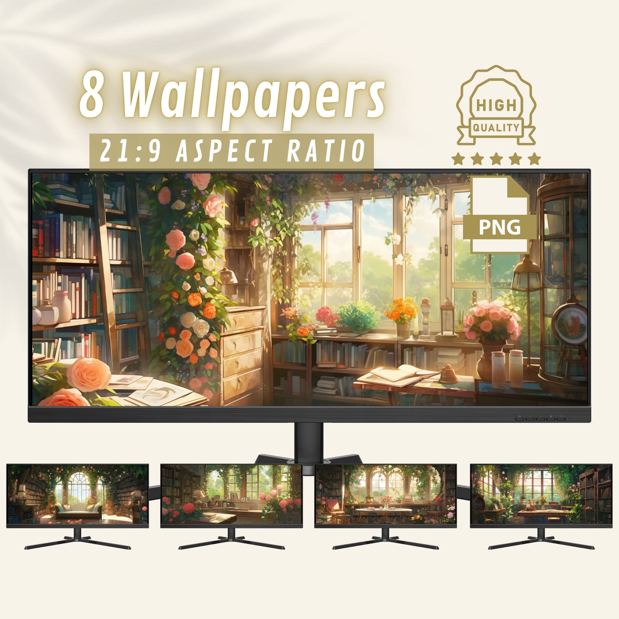 Ultrawide Screen Wallpaper Lofi Library & Roses, High Resolution Ultra Wide Monitor Background for Home Office