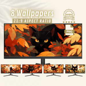 Black Cat Amidst Autumn Leaves Ultrawide Wallpapers, Vibrant Autumn Aesthetic for Widescreen Desktops, Computer Monitors, PC