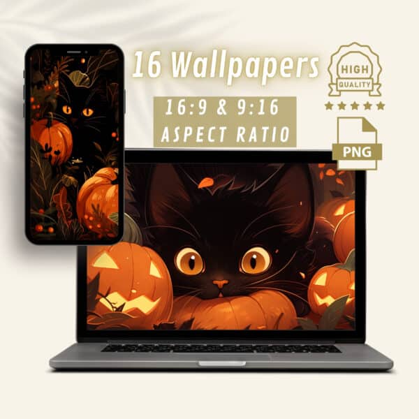 Black Cat and Halloween Magic Wallpapers, Adorable Autumn Pumpkin Designs, High-Resolution Backgrounds for Laptops & PCs, Phones