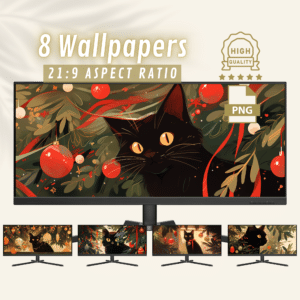 Black Cat and Christmas Aesthetics Ultrawide Wallpapers, Charming Xmas Decorations for High-Resolution Computer PC Screens