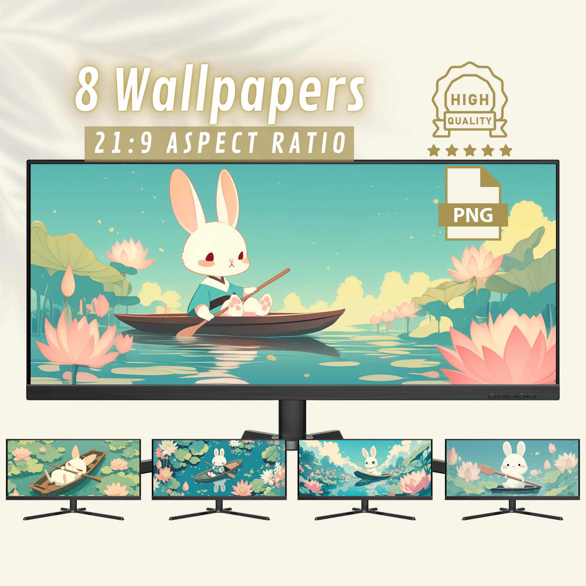 Kawaii White Rabbit and Water Lilies Aesthetics Widescreen Wallpapers, Anime Ultrawide Backgrounds for Cute 4K Ultra HD Desktop