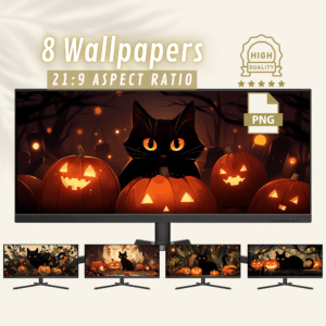 Black Cat and Halloween Creep Ultrawide Wallpapers, Cute Fall 4K Ultra HD Backgrounds for Widescreen Computer Monitors
