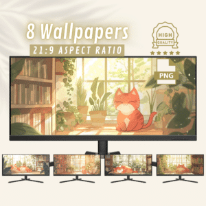 Cute Red Cat Among Books and Plants Ultrawide Wallpapers, Whimsical Kawaii Aesthetic Design for Stunning Desktop Backgrounds