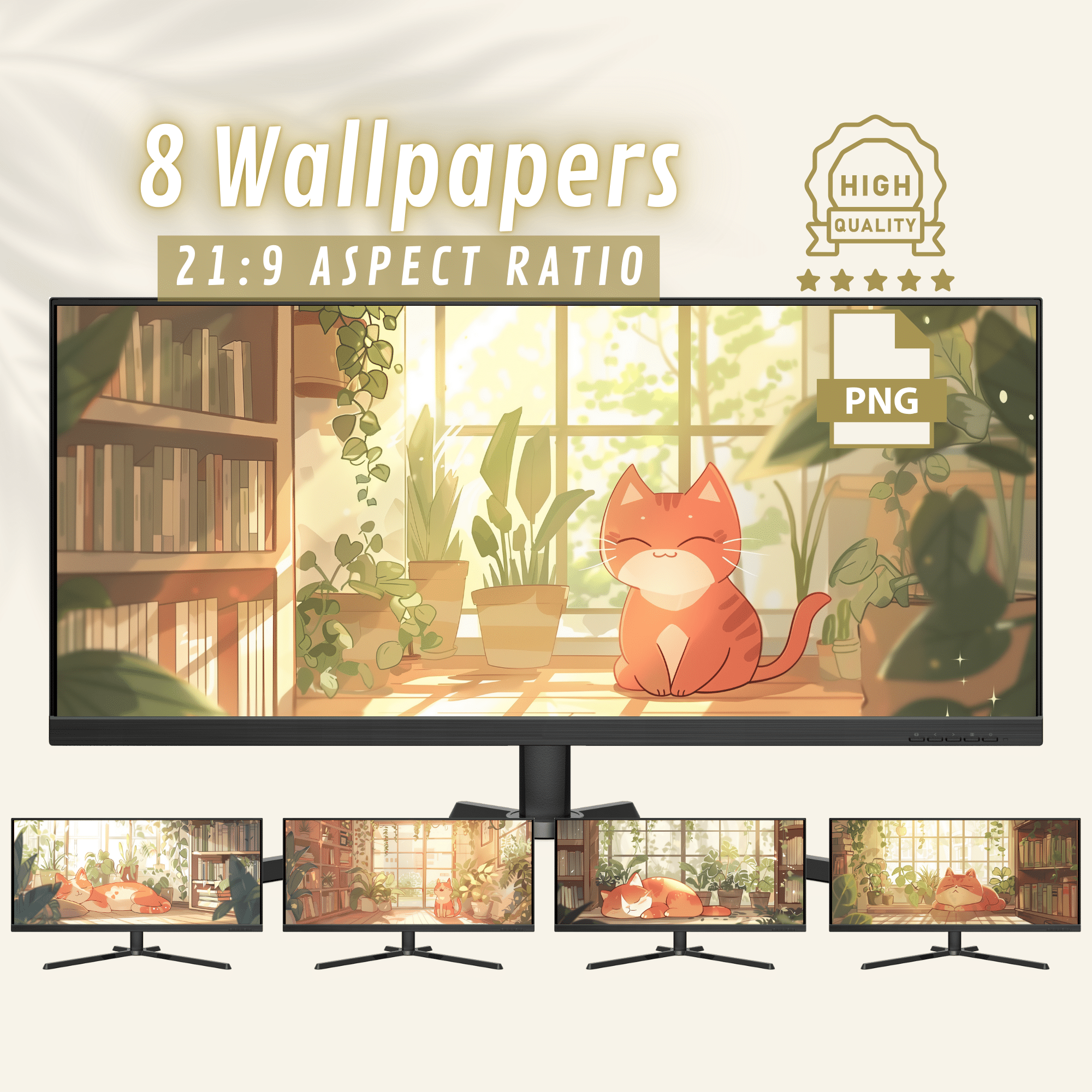 Cute Red Cat Among Books and Plants Ultrawide Wallpapers, Whimsical Kawaii Aesthetic Design for Stunning Desktop Backgrounds