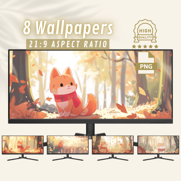 Cute Red Cat and Cozy Autumn Widescreen Wallpapers, Charming Kawaii and Fall Scenery Ultrawide Backgrounds for Desktop, PC