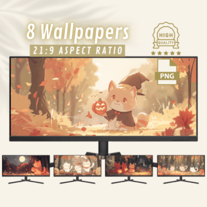 Cute Red Cat and Halloween Fun Widescreen Wallpapers, Adorable Kawaii Autumn Scenes, Ideal for Holiday-Themed Computer Backgrounds