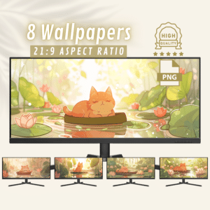 Cute Red Cat Among Water Lilies Widescreen Wallpapers, Cute Kawaii High Definition Background for PCs, Charming Gift for Aesthetic Lovers