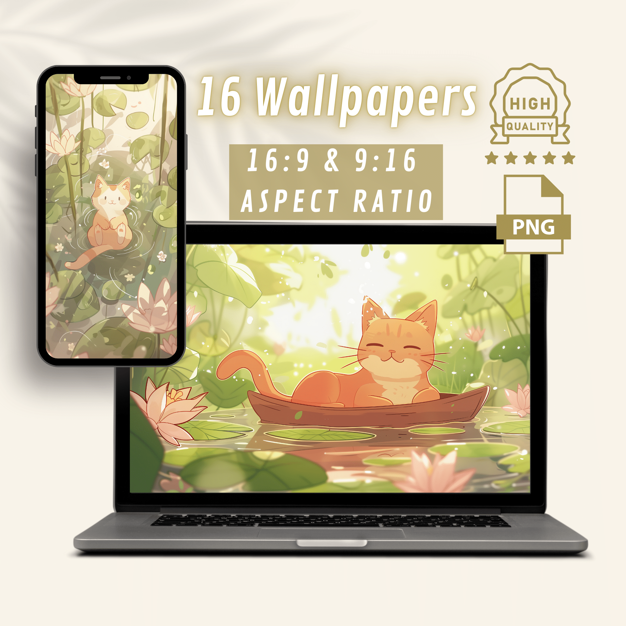 Cute Red Cat and Water Lilies Wallpapers, Pastel Kawaii Digital Backgrounds for Laptops & Phones, Whimsical Design for Computers & Tablets