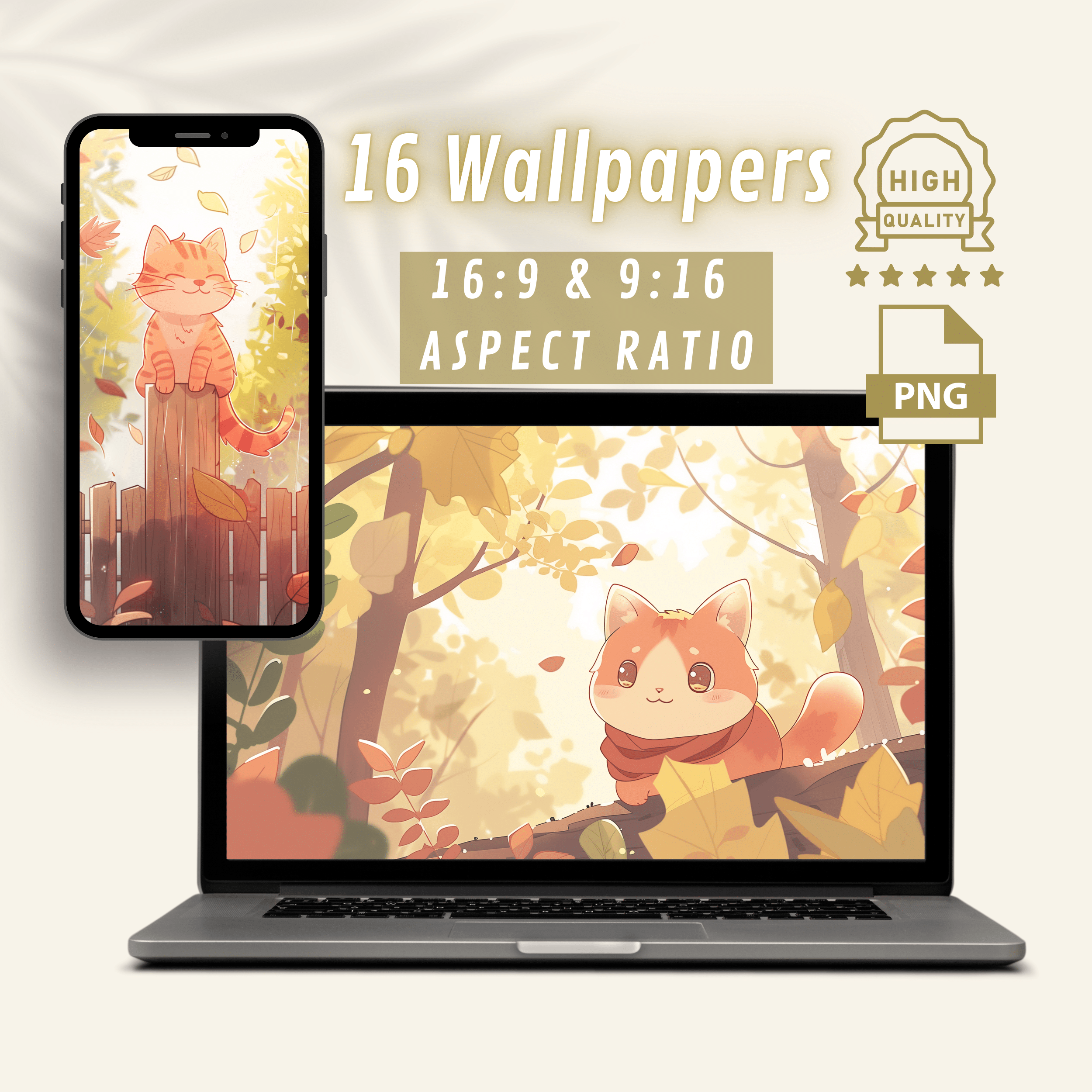 Cute Red Cat and Cozy Autumn Computer and Phone Wallpapers, Kawaii Aesthetic Desktop and Laptop Backgrounds for Fall Season