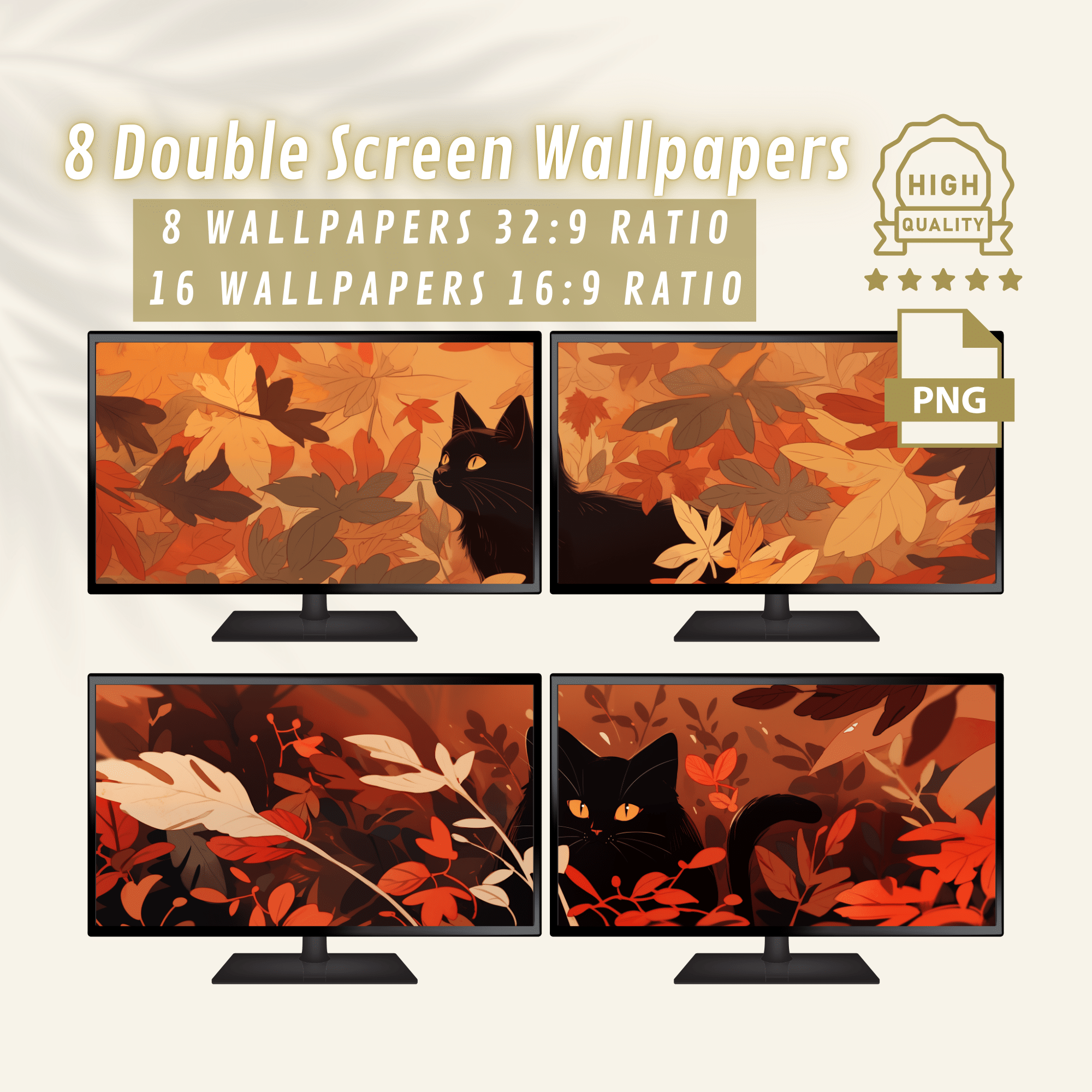 Fall Dual Monitor Wallpaper, Aesthetic Black Cat & Autumn Leaves Design for Extended Desktop Backgrounds, Season Double Screen Wallpapers