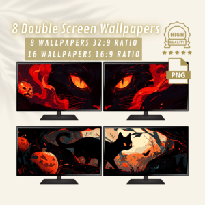 Halloween Dual Screen Desktop Background, Fall Black Cat and Halloween Magic Wallpapers, Perfect for Extended Spooky Autumn Aesthetic