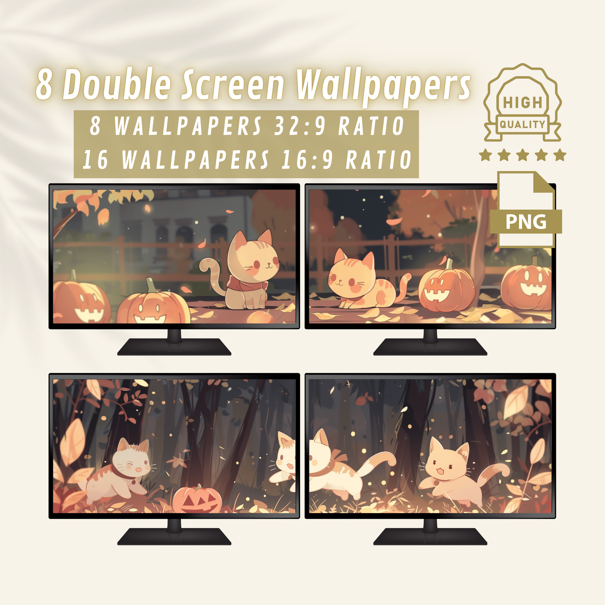 Spooky Fall Aesthetic for Dual Screen Desktop Background, Autumn Cute Red Cat and Halloween Fun Ultrawide Wallpapers