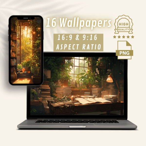 Whimsical Booklover & Anime Wallpaper Set - Studio, Library, & Lofi Vibes, Aesthetic & Book Lovers Wallpaper Pack for Desktop, Laptop, Phone